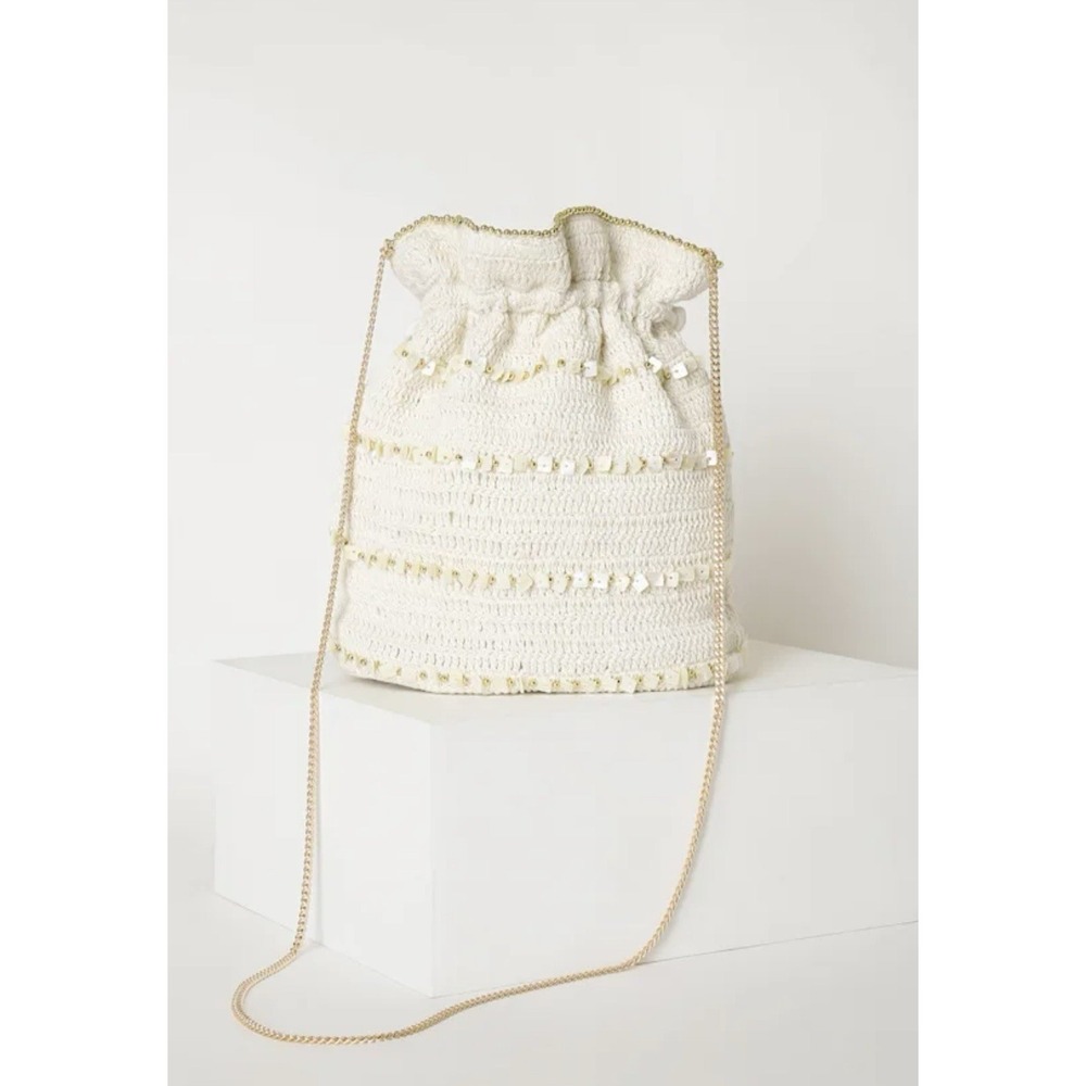Lulus Beach Cream Beaded Woven Bucket Crossbody Bag With Adjustable Drawstrings